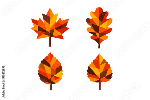 Four stylized autumn leaves in a geometric low-poly design are arranged in a grid on a black background. The leaves feature warm shades of orange, yellow, and brown in a mosaic pattern.