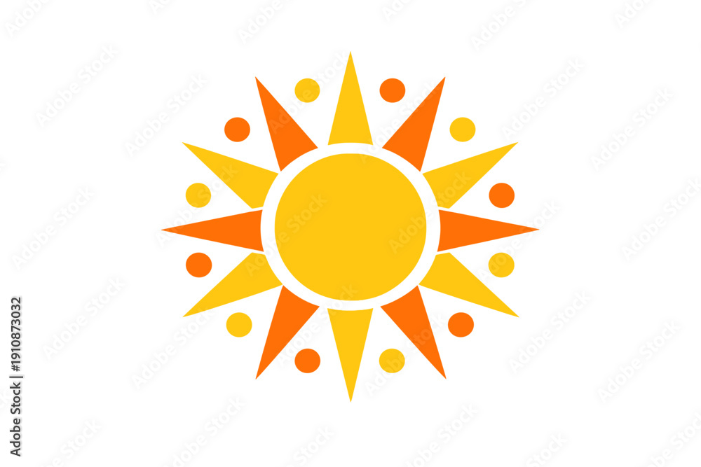 Fototapeta premium A stylized graphic illustration of a bright sun featuring alternating yellow and orange triangular rays and small circular dots, centered against a solid black background.