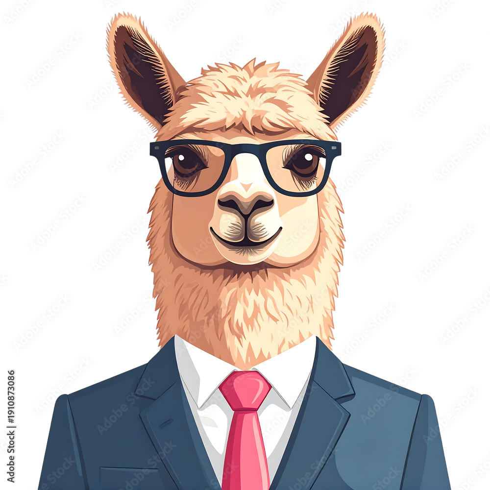 Obraz premium Stylish llama wearing glasses and suit with pink tie smiling confidently, whimsical portrait with fluffy fur and modern business attire