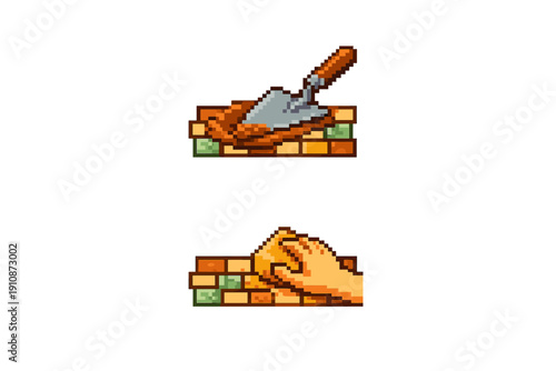 Pixel art illustration showing two steps of bricklaying: a trowel applying mortar to a brick wall and a hand cleaning the finished surface with a sponge on a black background.