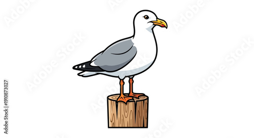 Adorable Cartoon Seagull Perched on a Wooden Post Coastal Wildlife Illustration Isolated on White Background