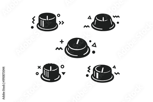 A collection of five black minimalist knob icons on a white background featuring various geometric accents like circles and triangles. Each dial has a distinct indicator line on top.