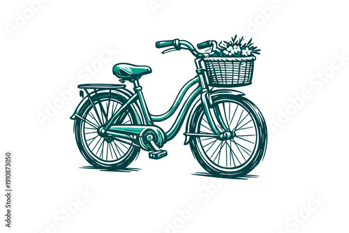 A teal-colored illustration of a vintage-style cruiser bicycle featuring a front basket filled with white flowers and a rear luggage rack against a solid black background.