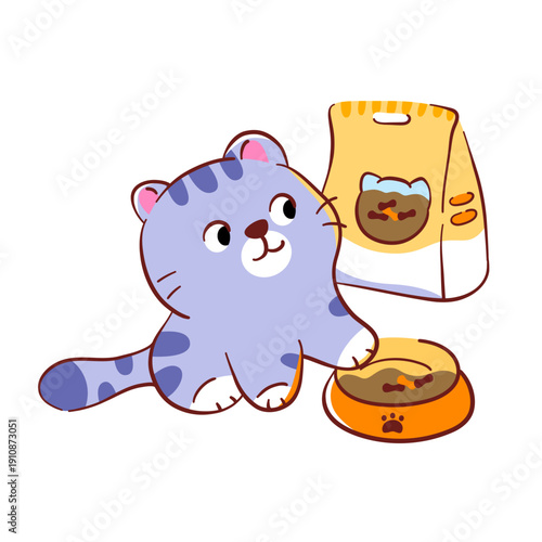 A cute kitten sits looking at a bag of cat food. Hand-drawn.