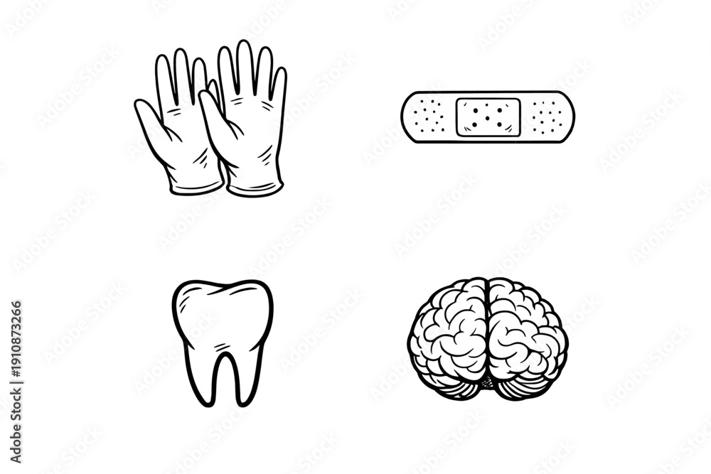 Fototapeta premium A collection of four white line art icons on a black background featuring a pair of gloves, an adhesive bandage, a molar tooth, and a human brain in a minimalist graphic style.