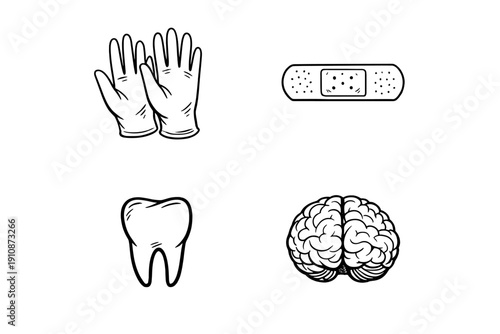 A collection of four white line art icons on a black background featuring a pair of gloves, an adhesive bandage, a molar tooth, and a human brain in a minimalist graphic style.