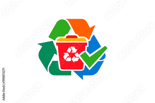A colorful recycling symbol surrounds a red trash bin with a white logo and a green checkmark on a black background, representing proper waste management and environmental sustainability.