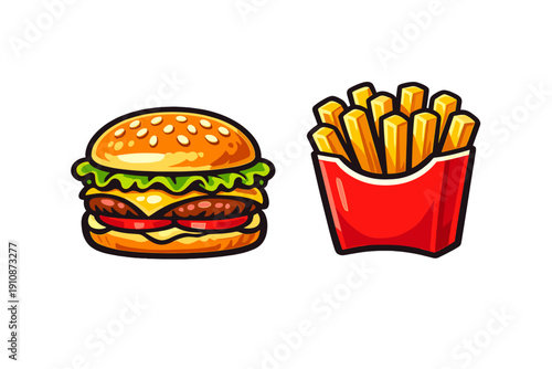 A vibrant cartoon illustration featuring a delicious cheeseburger with lettuce, tomato, and cheese next to a red container of golden french fries against a solid black background.