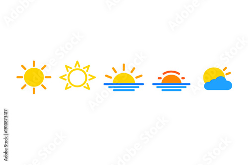 A set of five minimalist sun icons displayed on a black background, including a full sun, a sun with triangular rays, sunrise, sunset, and a sun partially hidden behind a blue cloud.