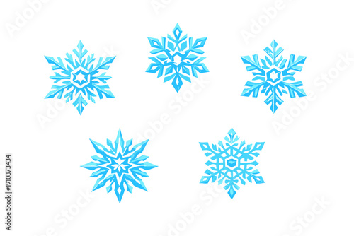 Five unique blue crystalline snowflakes are arranged in two rows against a solid black background. Each snowflake features intricate geometric patterns and a 3D icy appearance.