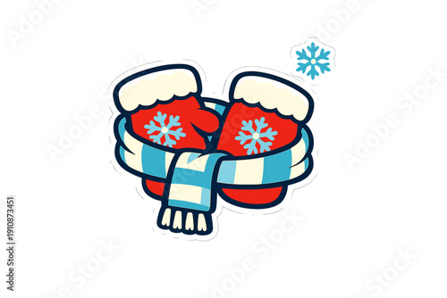 A cartoon illustration of a pair of red mittens with white fur trim and blue snowflake patterns, wrapped in a blue and white striped scarf against a black background.