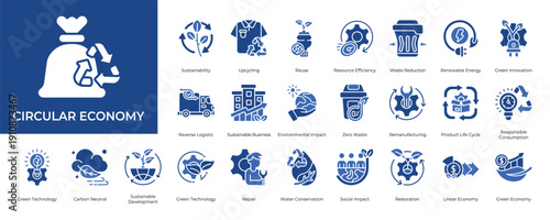 Circular Economy Icon set Collection in Glyph Two Color Style. sustainability, recycling, upcycling, reuse, efficiency, resources, waste