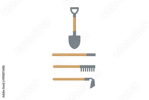 A collection of four gardening tools including a shovel, a rake, and a hoe, all featuring wooden handles and grey metal heads, isolated against a solid black background.
