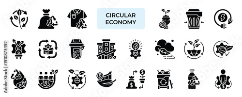Circular Economy Icon set Collection in Solid Glyph Style. sustainability, recycling, upcycling, reuse, efficiency, resources, waste