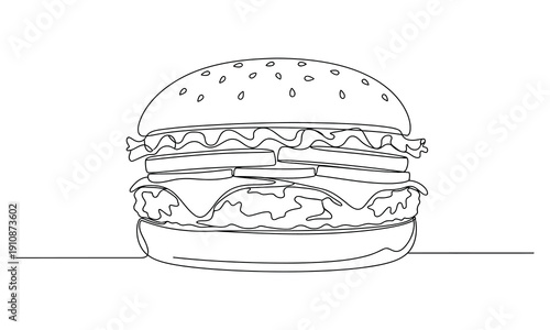 Continuous line drawing of a burger, one line art fast food icon, minimalist vector illustration