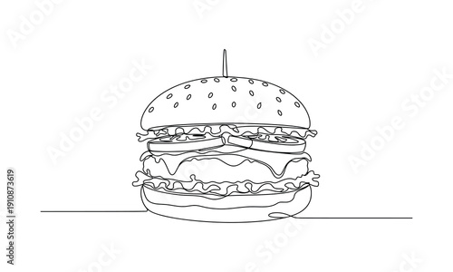 Continuous line drawing of a burger, one line art fast food icon, minimalist vector illustration