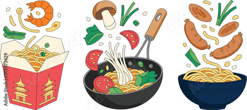 Asian and Italian cuisine vector illustration set with noodles pasta shrimp sausage vegetables and cooking elements