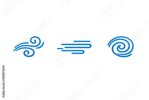 Three blue stylized wind and air icons are displayed against a solid black background. The graphics feature wavy lines, horizontal streaks, and a spiral swirl to represent breeze and motion.