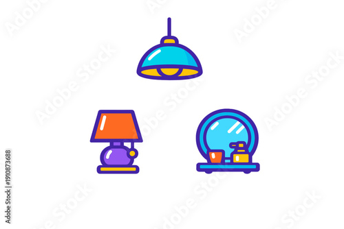 A collection of three stylized interior design icons featuring a pendant light, a table lamp, and a bathroom mirror with accessories, all set against a solid black background.