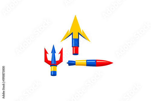 Three stylized graphic icons of a trident, a harpoon, and a torpedo are displayed on a black background. Each object uses a vibrant primary color palette of red, yellow, and blue.