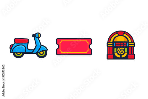 A set of three colorful stickers featuring a blue motor scooter, a red ticket, and a vintage jukebox, all isolated on a solid black background with white borders and shadows.