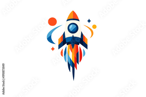 This flat vector illustration features a colorful rocket ship ascending into space, leaving behind vibrant exhaust trails amidst planets and stars on a black background.