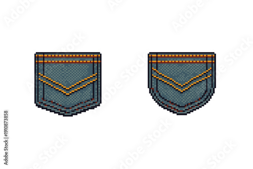 Pixel art illustration of two denim pockets with orange stitching on a black background. The design features a retro video game aesthetic with blue fabric textures and chevron patterns.
