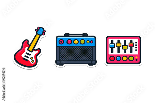 A collection of three colorful music equipment stickers featuring a red electric guitar, a blue amplifier, and a pink audio mixer, all set against a solid black background.