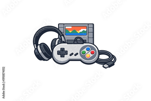 A flat illustration of retro gaming gear including a grey game controller with colored buttons, a pair of over-ear headphones, and a game cartridge on a black background.