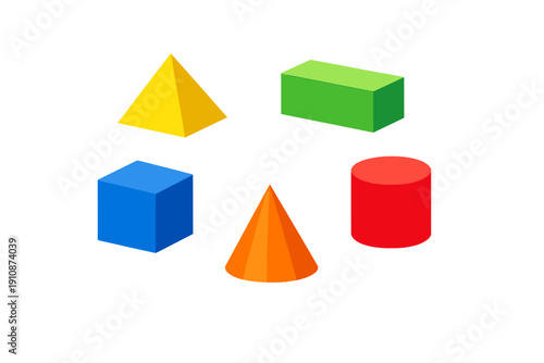 A collection of five colorful three-dimensional geometric shapes including a yellow pyramid, green rectangular prism, blue cube, orange cone, and red cylinder on a solid black background.