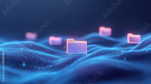 Abstract Digital Background with Glowing Folders in a Surreal Wave Design for Modern Technology Concepts