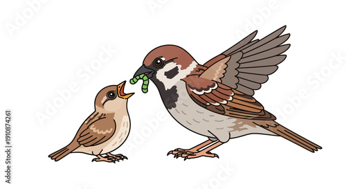 Parent Sparrow Feeding Worm to Hungry Chick Symbolizing Nurturing and Family Bonds in Nature