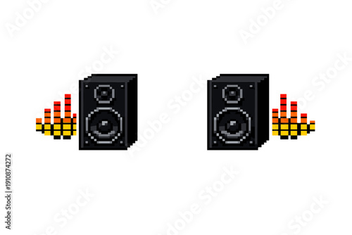 A pair of black pixel art speakers with colorful audio visualizer bars on each side against a dark background. This retro digital illustration features a classic 8-bit gaming style.