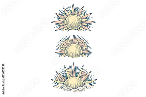 A collection of three vintage-style sun illustrations featuring a full sun, a rising sun, and a sun over waves, rendered in pastel colors with cross-hatched details on a black backdrop.