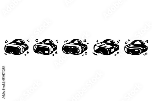 A horizontal row of five different virtual reality headset icons in a minimalist black and white style. The icons represent various designs of modern VR technology and gaming gear.