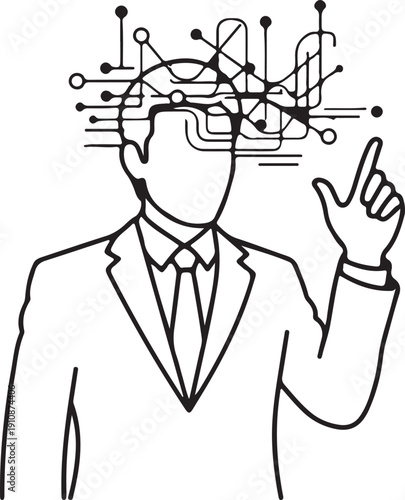 "Artificial intelligence business concept illustration showing faceless professional figure with raised finger and circuit network emerging from head symbolizing digital cognition, machine learning, a