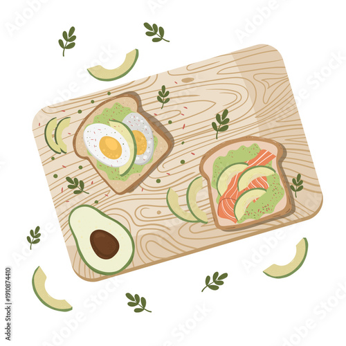 Hand-drawn vector illustration of delicious breakfast toasts with avocado, egg and herbs, flat lay view