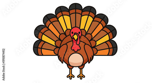 Cute Cartoon Turkey Fanned Tail Feathers Isolated on White Background Thanksgiving Holiday Celebration