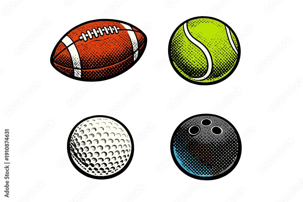 Obraz premium A collection of four sports balls including an American football, a tennis ball, a golf ball, and a bowling ball, illustrated in a retro halftone pop art style on a black background.