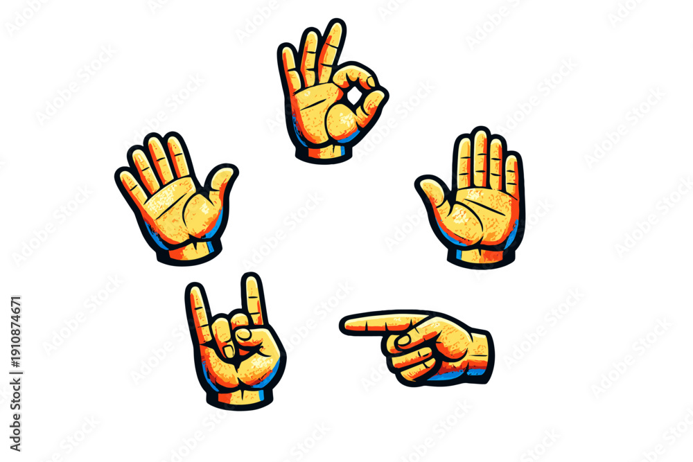 Fototapeta premium Five illustrated hands showing various gestures like the ok sign and pointing finger are arranged in a circle. The artwork uses bold colors and a textured style on a solid black backdrop.