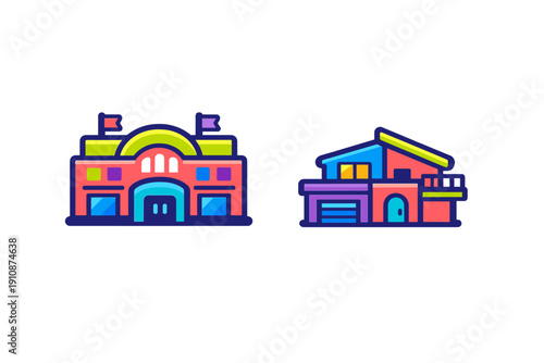 Two colorful flat design icons representing a public building with flags and a modern residential house with a garage, set against a solid black background.