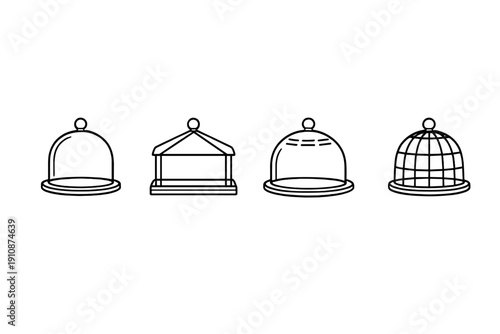 A set of four minimalist line art icons depicting various styles of food cloches and covers, including dome and cage designs, presented in white on a solid black background.