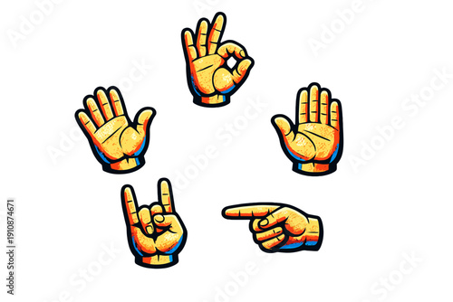 Five illustrated hands showing various gestures like the ok sign and pointing finger are arranged in a circle. The artwork uses bold colors and a textured style on a solid black backdrop.