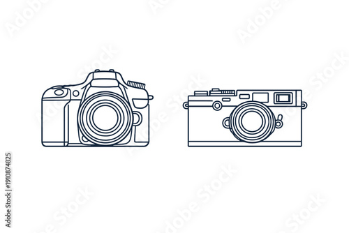 A minimalist line art illustration featuring two different camera designs, a modern digital SLR and a vintage rangefinder, presented in a clean front-facing view on a white background.