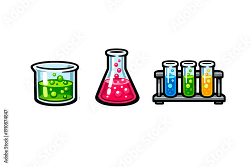 A set of three cartoon laboratory glassware illustrations featuring a beaker with green liquid, a conical flask with pink liquid, and a test tube rack with colorful bubbling fluids.