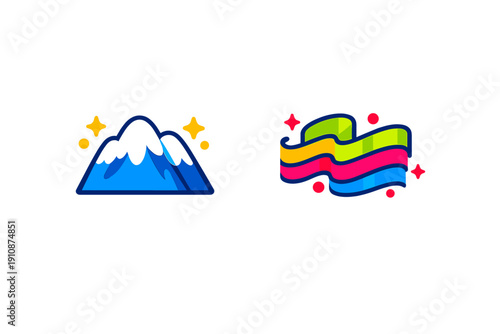 A stylized illustration featuring a blue snow-capped mountain icon with yellow stars and a colorful wavy aurora icon with red stars, both set against a solid black background.