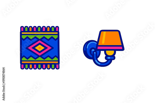 A colorful flat vector illustration featuring a patterned geometric rug with fringes and a wall-mounted lamp with an orange shade, both set against a solid black background.