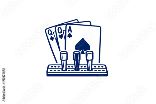 A dark blue line art illustration featuring three playing cards, including an Ace of Spades and two Queens, positioned behind a cribbage board with three pegs on a black background.