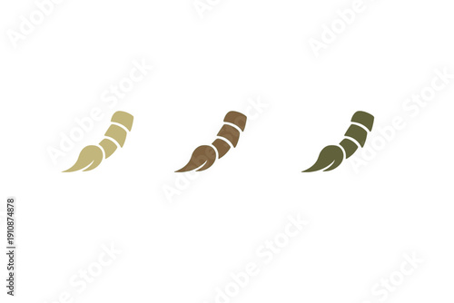 Three stylized segmented animal tails or insect stingers are displayed in a row against a solid black background. The icons feature earthy tones of tan, brown, and olive green.