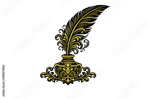 A gold and white quill pen is placed in a highly detailed gold inkwell. The illustration features elegant flourishes and patterns on a black background, representing classic writing.